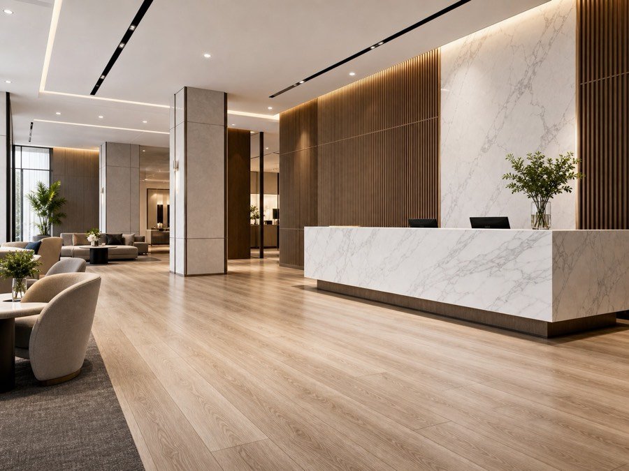 Commercial lobby using SPC flooring, PVC wall panels and marble sheet surfaces