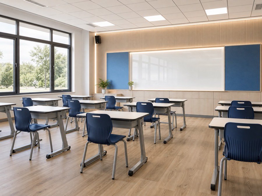 Education classroom using durable flooring and wall panel materials