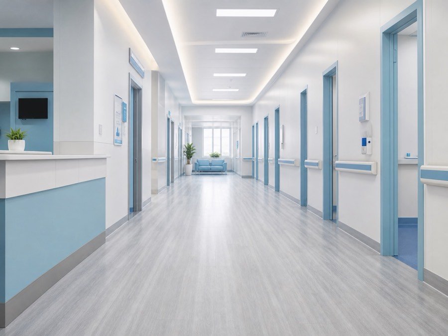 Healthcare corridor using clean flooring and wall panel materials