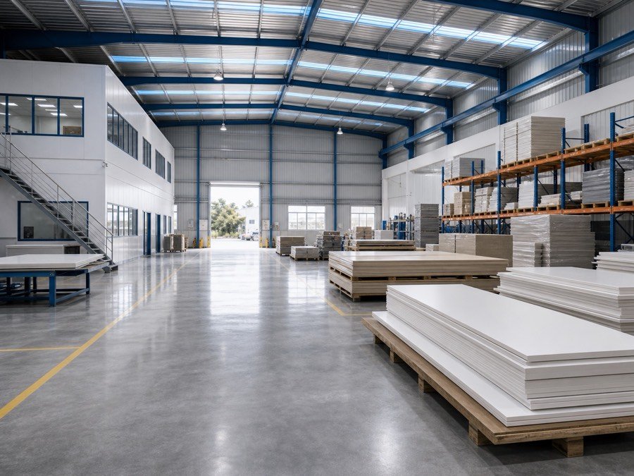 Industrial warehouse where roofing sheet and plastic board materials are used
