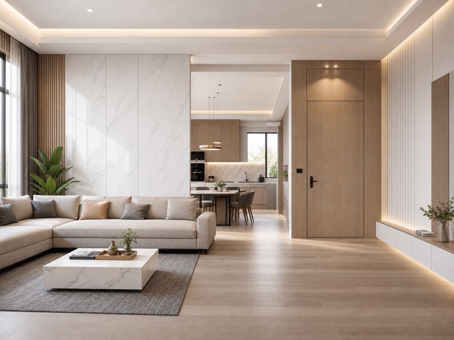 Residential interior using decorative wall, flooring and board materials