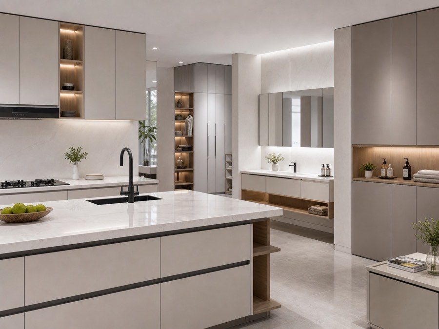 Plastic board used for cabinets and furniture in a clean modern kitchen