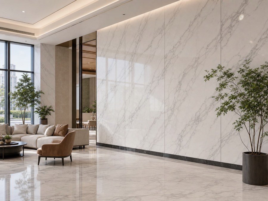 PVC marble sheet wall panels used in a bright hotel lobby interior