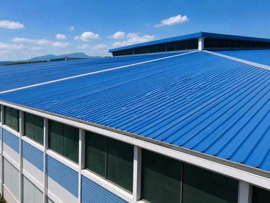 Blue PVC roofing sheets installed on a clean industrial building