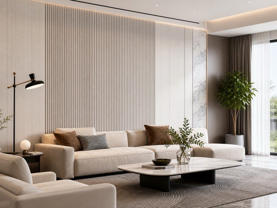 PVC wall panels installed in a bright living room feature wall