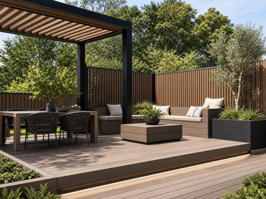 WPC profiles used for decking and pergola in a modern outdoor terrace