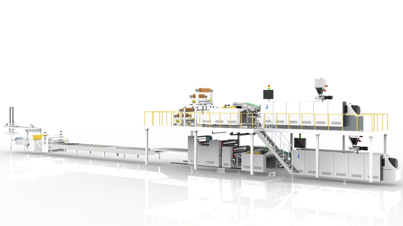 LVT flooring extrusion line with upper and lower extruders, lamination rolls and cooling conveyor
