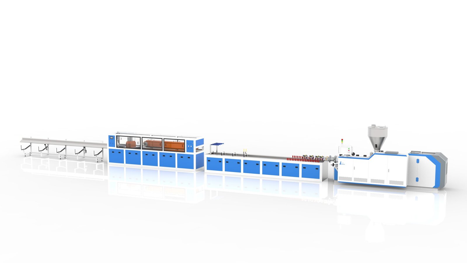 PVC and WPC profile extrusion line with calibration table, haul-off unit, cutter and stacker
