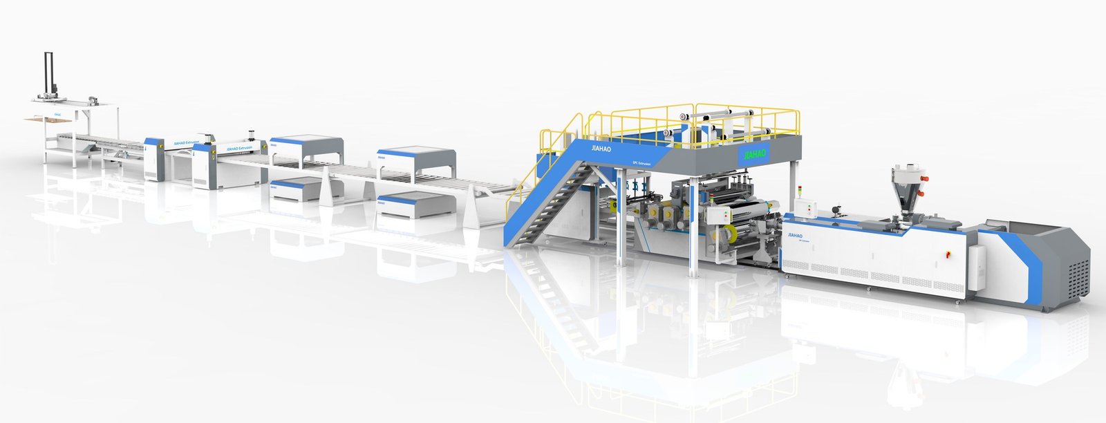 SPC flooring extrusion line with extruder, roller forming, cooling conveyor and sheet stacker