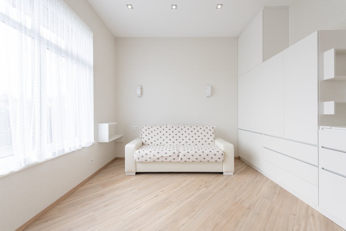 Bright living room with wood-look plank flooring