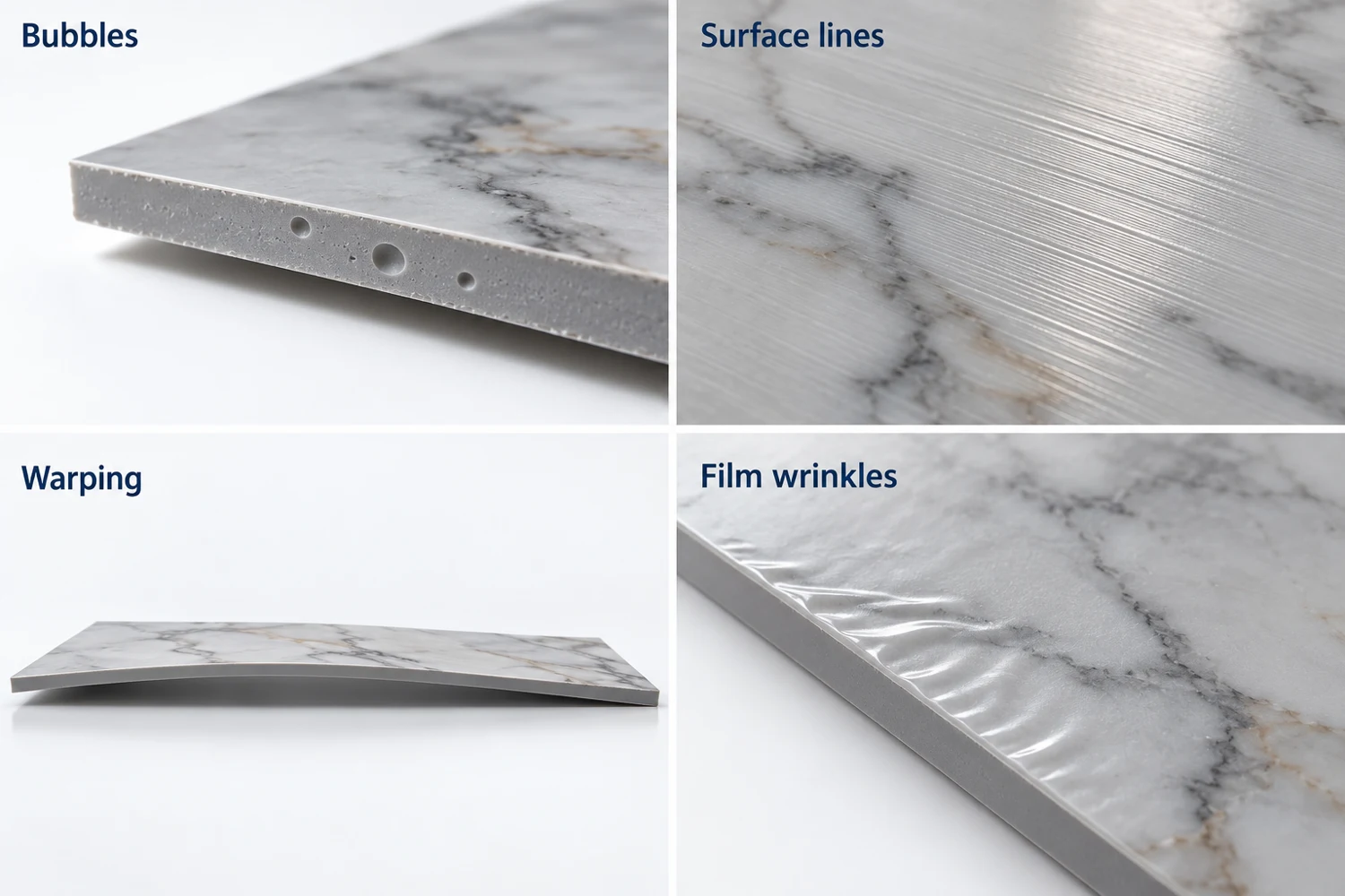 AI illustration comparing bubbles, surface lines, warping and film wrinkles in PVC marble sheets